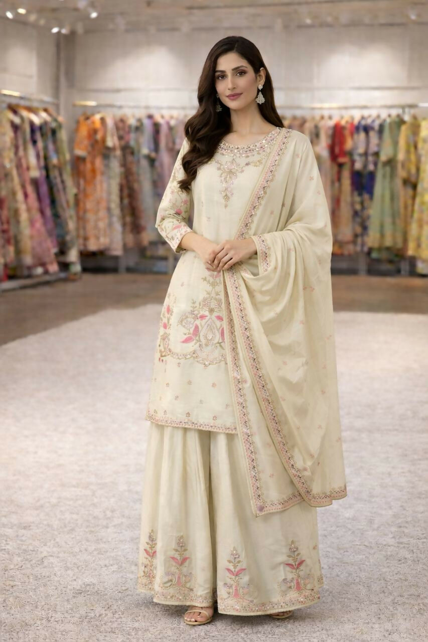 Teeya Creation Cream Chinnon Designer Embroidery Work Party Wear Salwar Suit | Grocsy