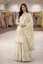 Teeya Creation Cream Chinnon Designer Embroidery Work Party Wear Salwar Suit | Grocsy