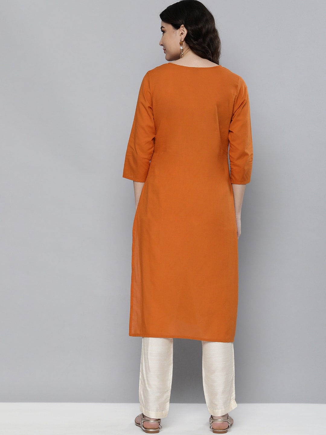 HERE&NOW Women Orange Embroidered Kurta | Grocsy