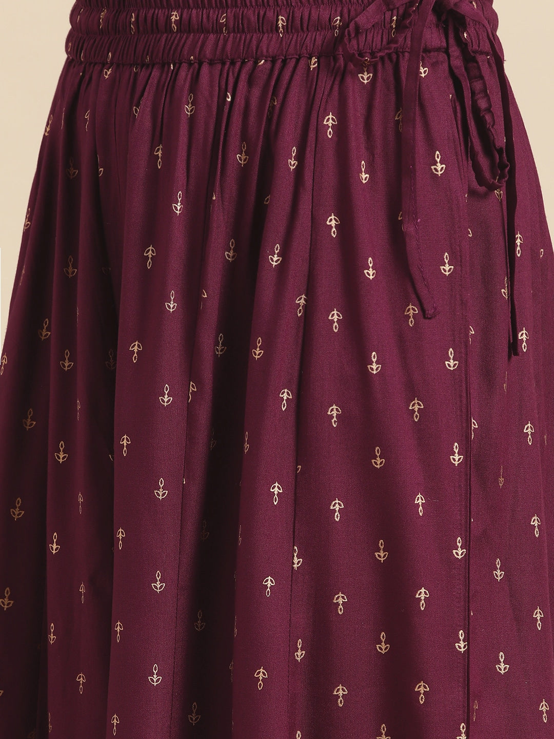 Sangria Women Burgundy & Golden Ethnic Motifs Printed Kurta with Sharara & Dupatta | Grocsy