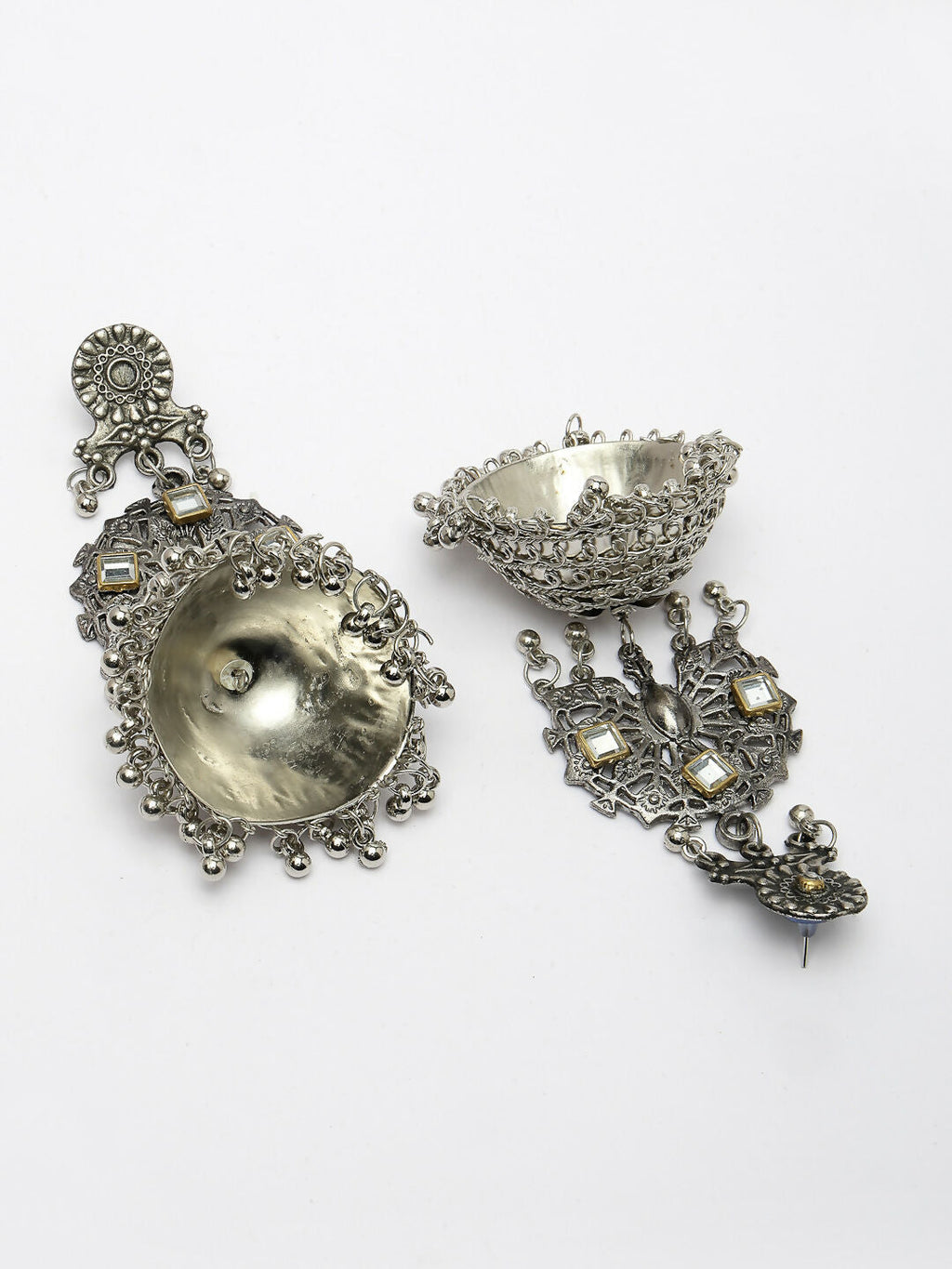 NVR Women's Silver Plated Mirror Work Oxidised Contemporary Jhumka Earrings | Grocsy