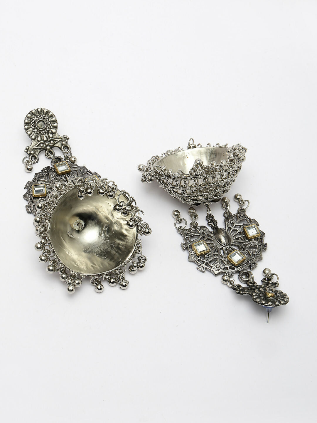NVR Women's Silver Plated Mirror Work Oxidised Contemporary Jhumka Earrings | Grocsy