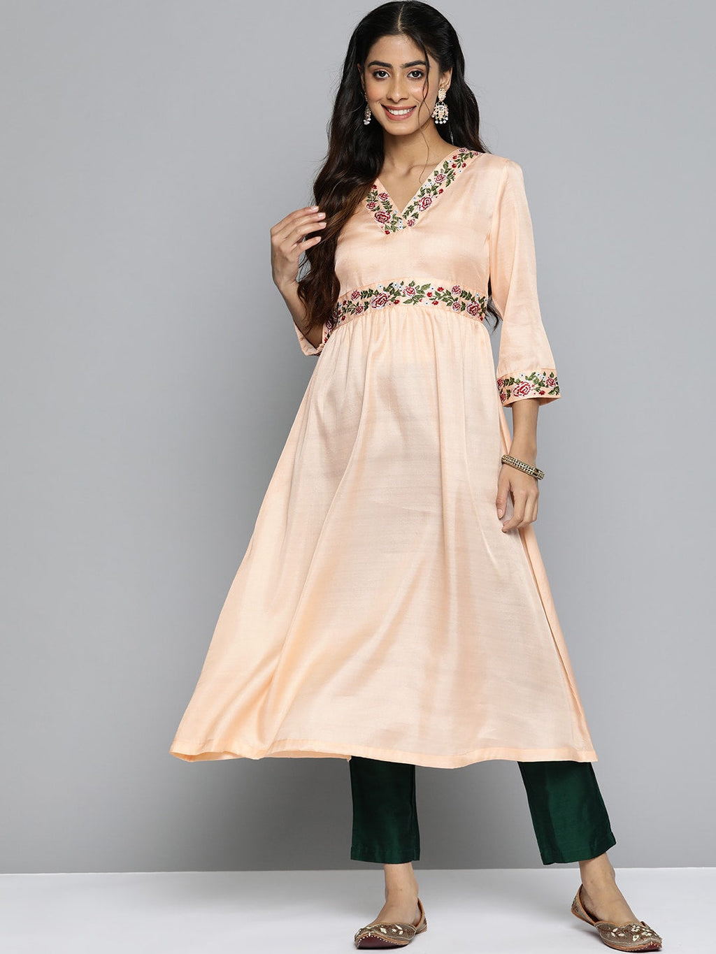 HERE&NOW Women Floral Embroidered Empire A-Line Kurta | Grocsy
