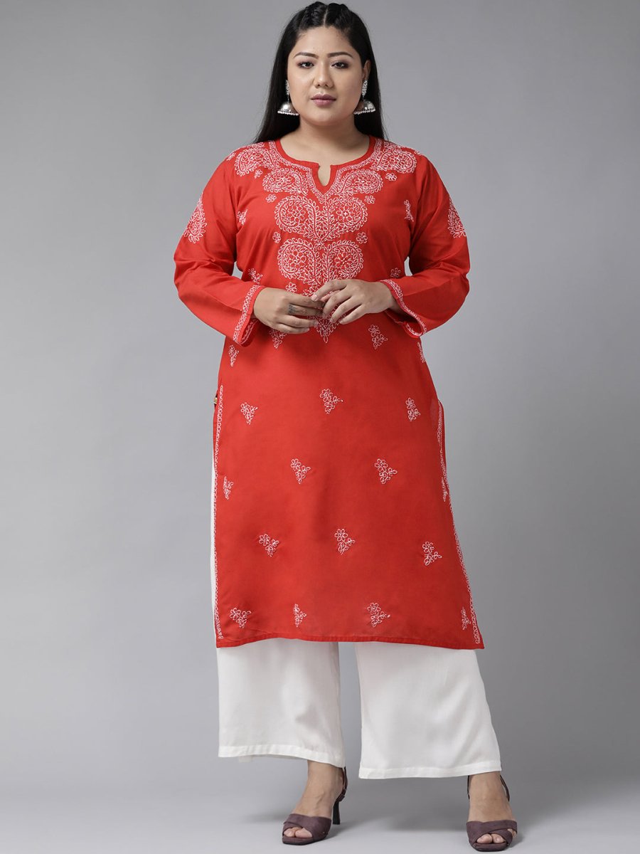 ADA Women Plus Size Red & White Ethnic Motifs Pure Cotton Chikankari Embroidered Kurta | Grocsy