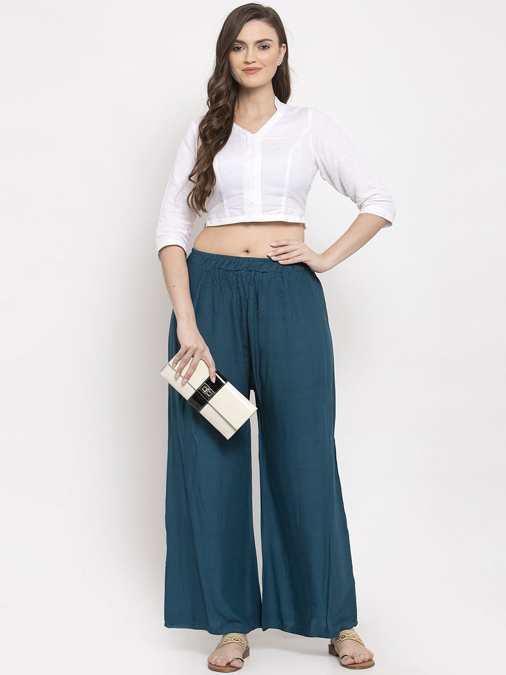 TAG 7 Women Set Of 2 Navy Blue & Peach-Coloured Solid Wide Leg Palazzos | Grocsy