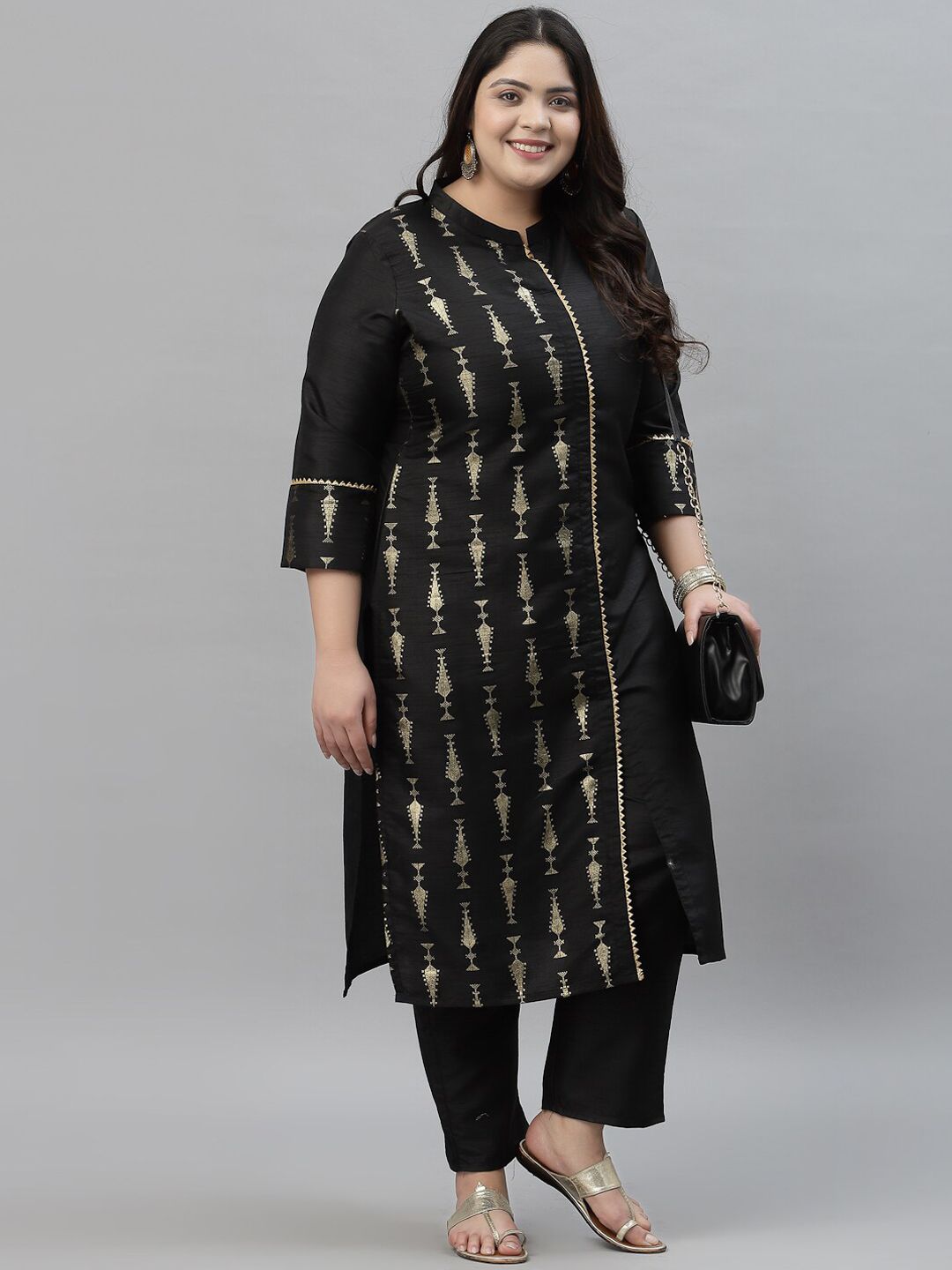 Sztori Plus Size Ethnic Motifs Printed Mandarin Collar Straight Kurta with Trousers | Grocsy