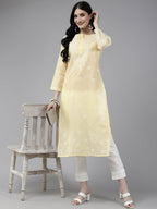 ADA Women Cream-Coloured & White Ethnic Motifs Embroidered Chikankari Cotton Kurta | Grocsy
