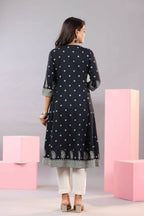 Juniper Women Indigo Rayon Printed A-Line Kurta | Grocsy