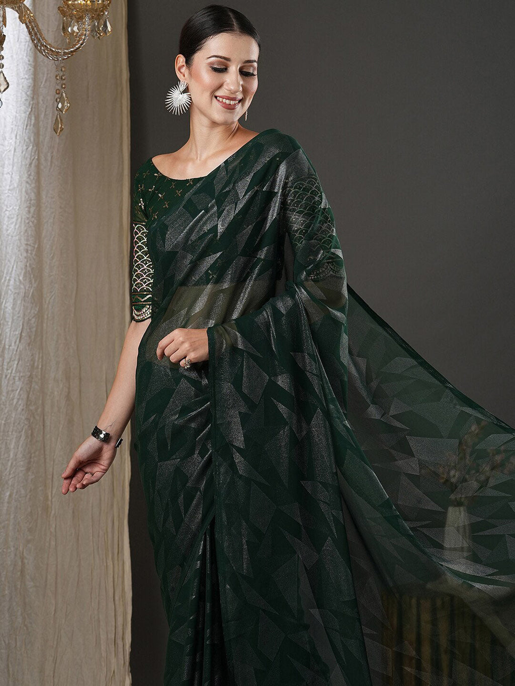 Saree Mall Green Abstract Printed Pure Georgette Saree | Grocsy