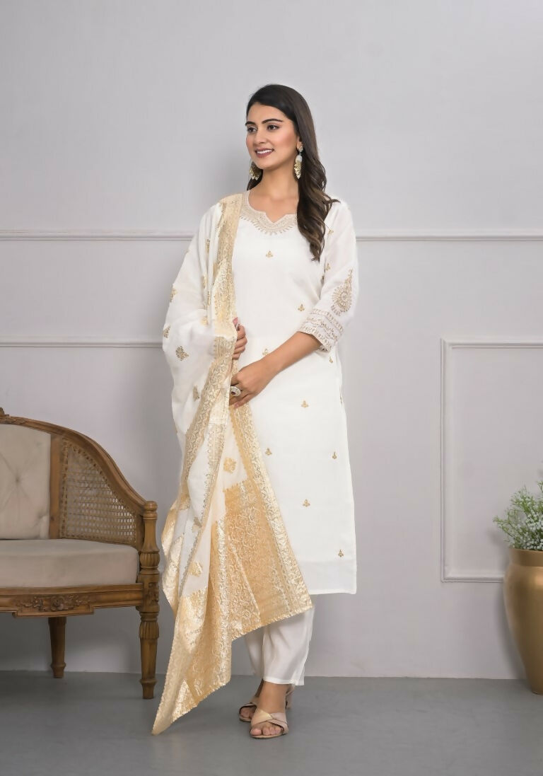 White Viscose Silk Embroidery with Thread and sequence Stitched Suit With Dupatta - Tanisha | Grocsy
