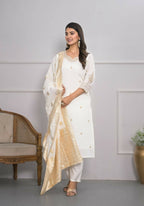 White Viscose Silk Embroidery with Thread and sequence Stitched Suit With Dupatta - Tanisha | Grocsy