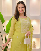 The52 Lemons Women's Beautiful Chikankari Work Chanderi Fabric Straight Kurta Pant and Dupatta Set | Grocsy