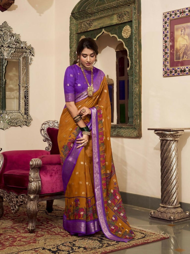 Vastranavya Mustard Poly Cotton Kalamkari Printed Saree with Unstitched Blouse | Grocsy