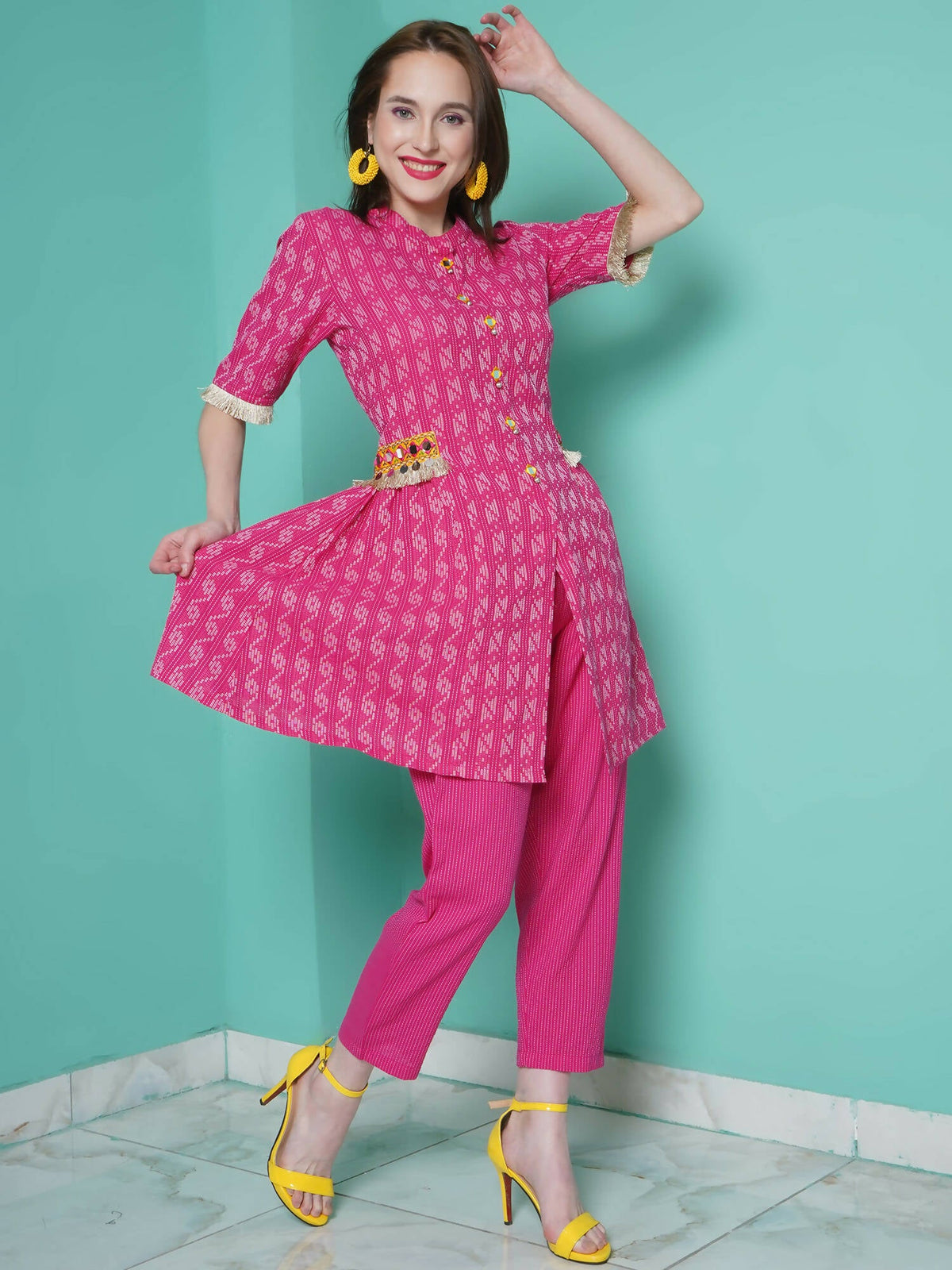 Women Republic Pink Cotton Kantha Kurta Set | Grocsy
