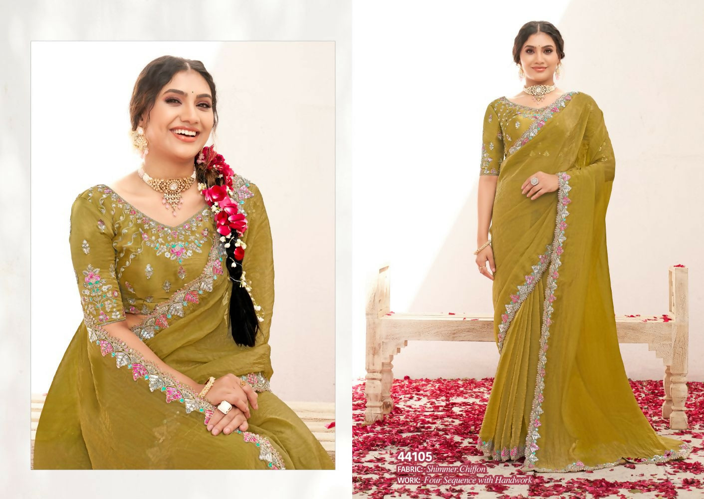 Musterd Shimmer Chiffon Handwork Saree with Unstitched Blouse - Norita Varya | Grocsy