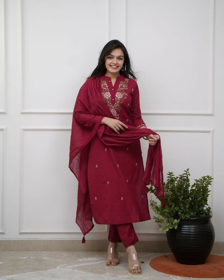 The52 Women's Beautiful Rayon Slub Fabric Embroidery Work Straight Kurta Pant and Dupatta Set | Grocsy