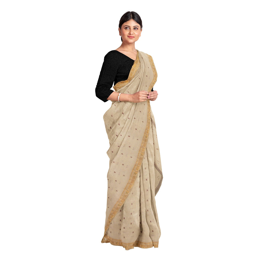 Exclusive Collection 100% Pure Cotton Light Brown Saree With Printed Work | Grocsy