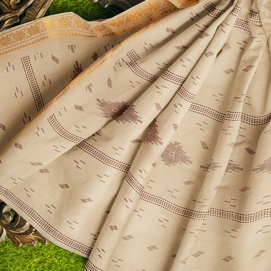 Exclusive Collection 100% Pure Cotton Light Brown Saree With Printed Work | Grocsy
