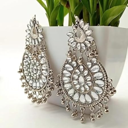 Tehzeeb Creations Women's Silver Colour Earrings With Kundan And Ghungroo Work | Grocsy