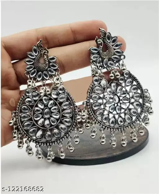 Tehzeeb Creations Women's Silver Colour Earrings With Kundan And Ghungroo Work | Grocsy