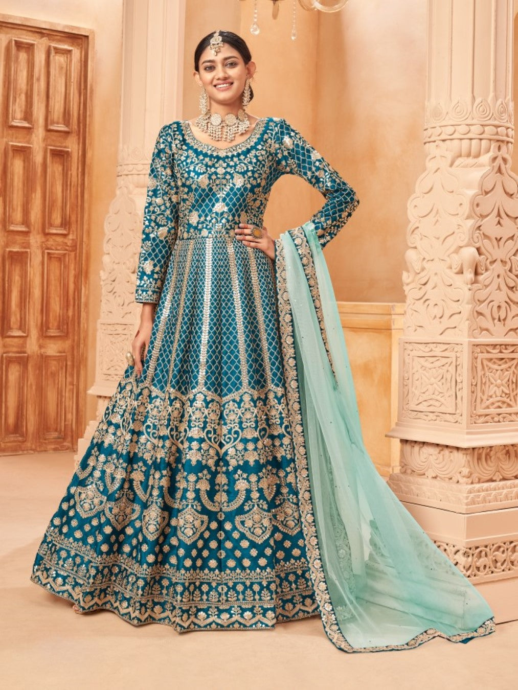 Anaita Teal Embroidered Art Silk Anarkali Suit | Grocsy