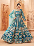 Anaita Teal Embroidered Art Silk Anarkali Suit | Grocsy