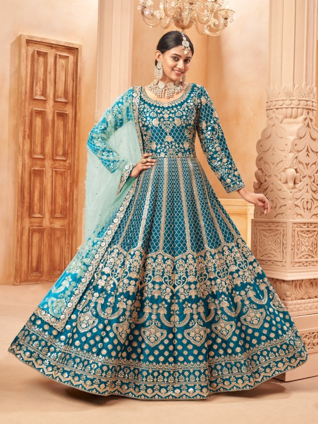 Anaita Teal Embroidered Art Silk Anarkali Suit | Grocsy