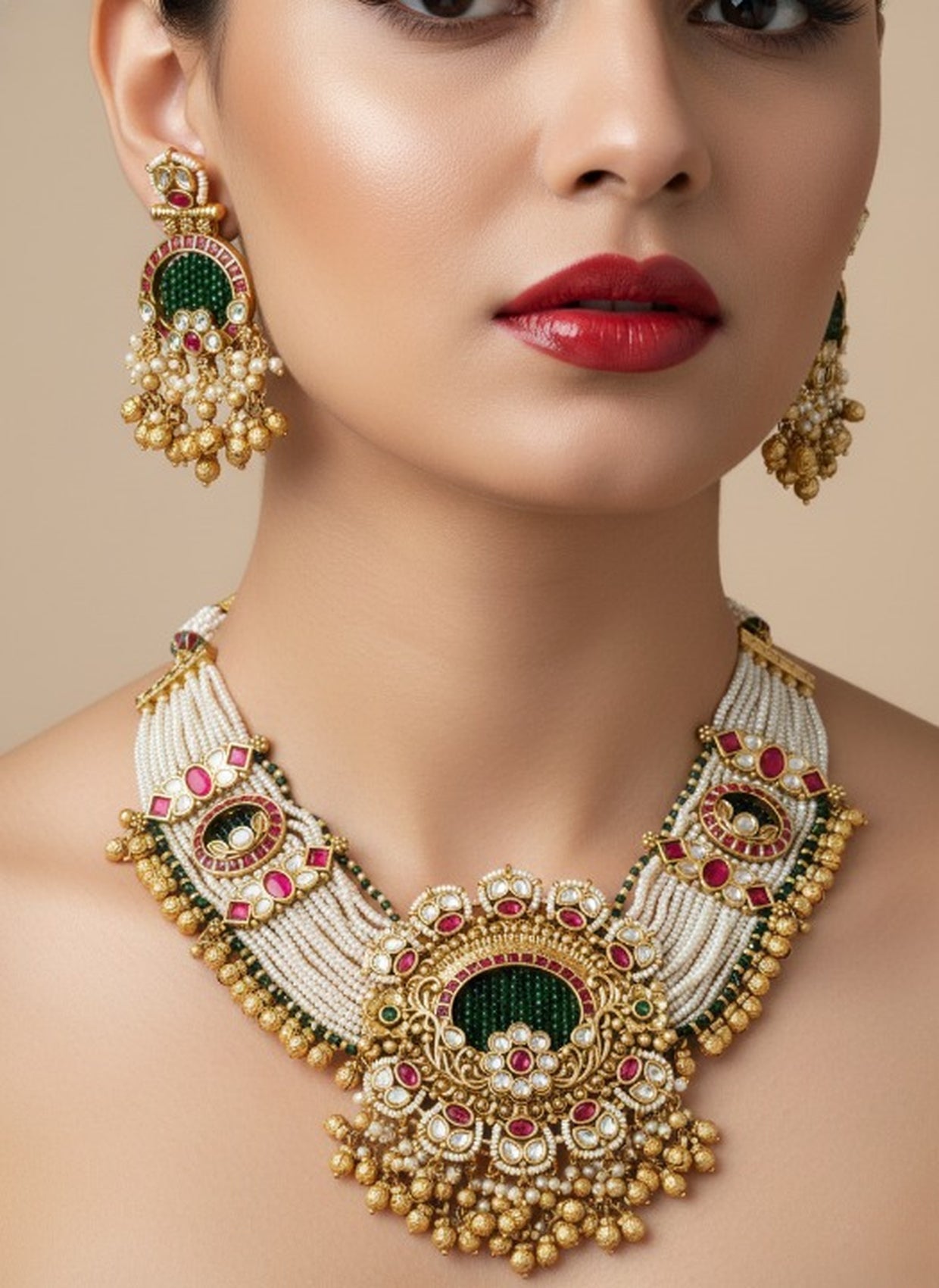 Jewel City Traditional Gold-Plated Pearl Necklace Set Featuring Matching Jhumka Earrings | Grocsy