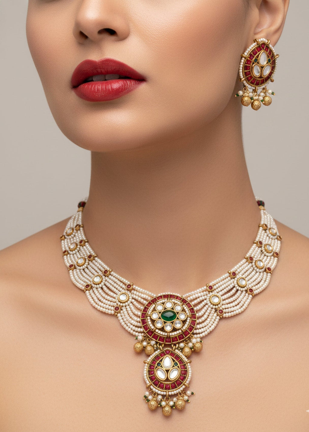 Jewel City Traditional Handcrafted Gold-Plated Kundan Pearl Necklace Set | Grocsy