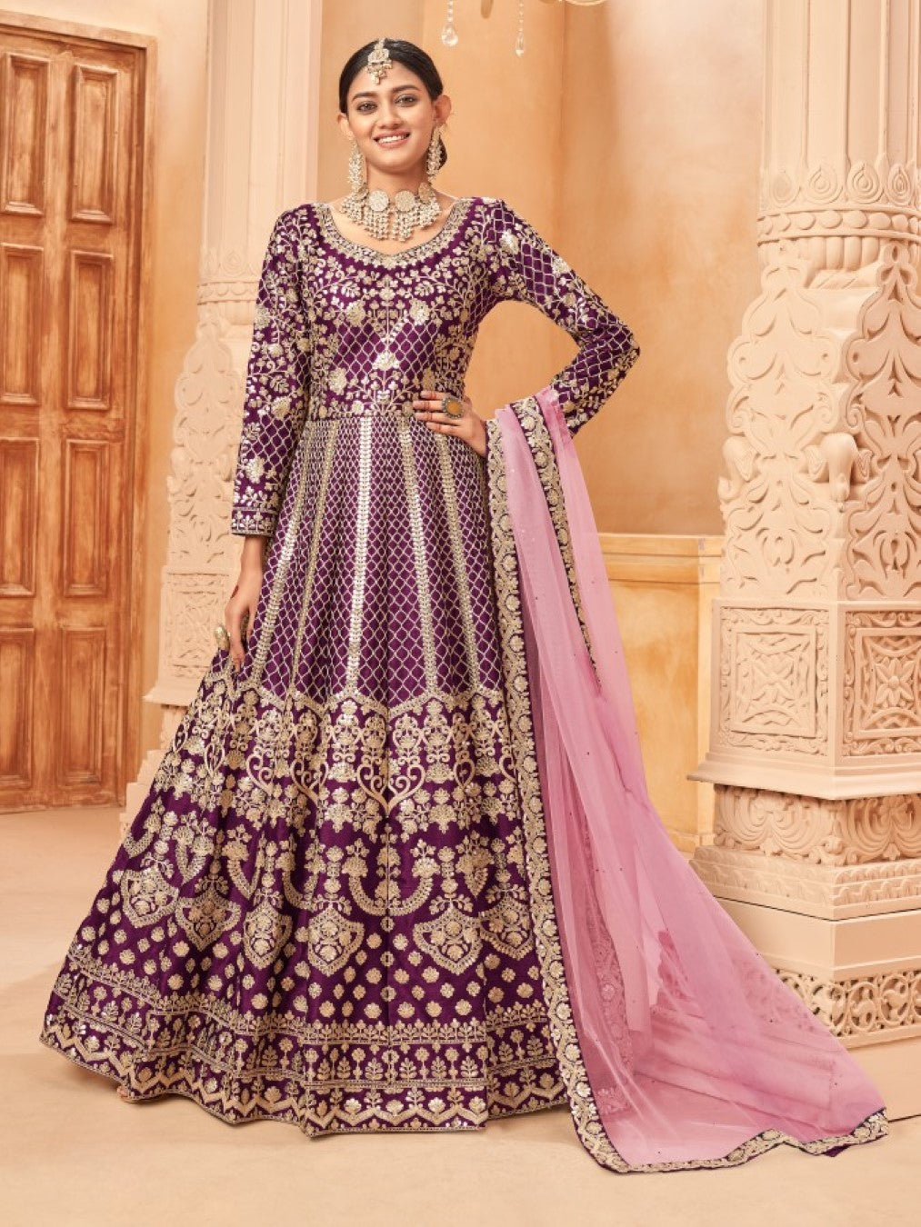 Anaita Purple Embroidered Art Silk Anarkali Suit | Grocsy