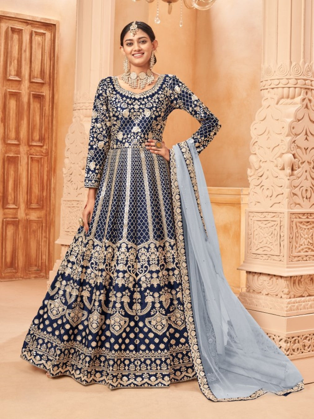 Anaita Navy Blue Embroidered Art Silk Anarkali Suit | Grocsy