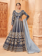 Anaita Navy Blue Embroidered Art Silk Anarkali Suit | Grocsy