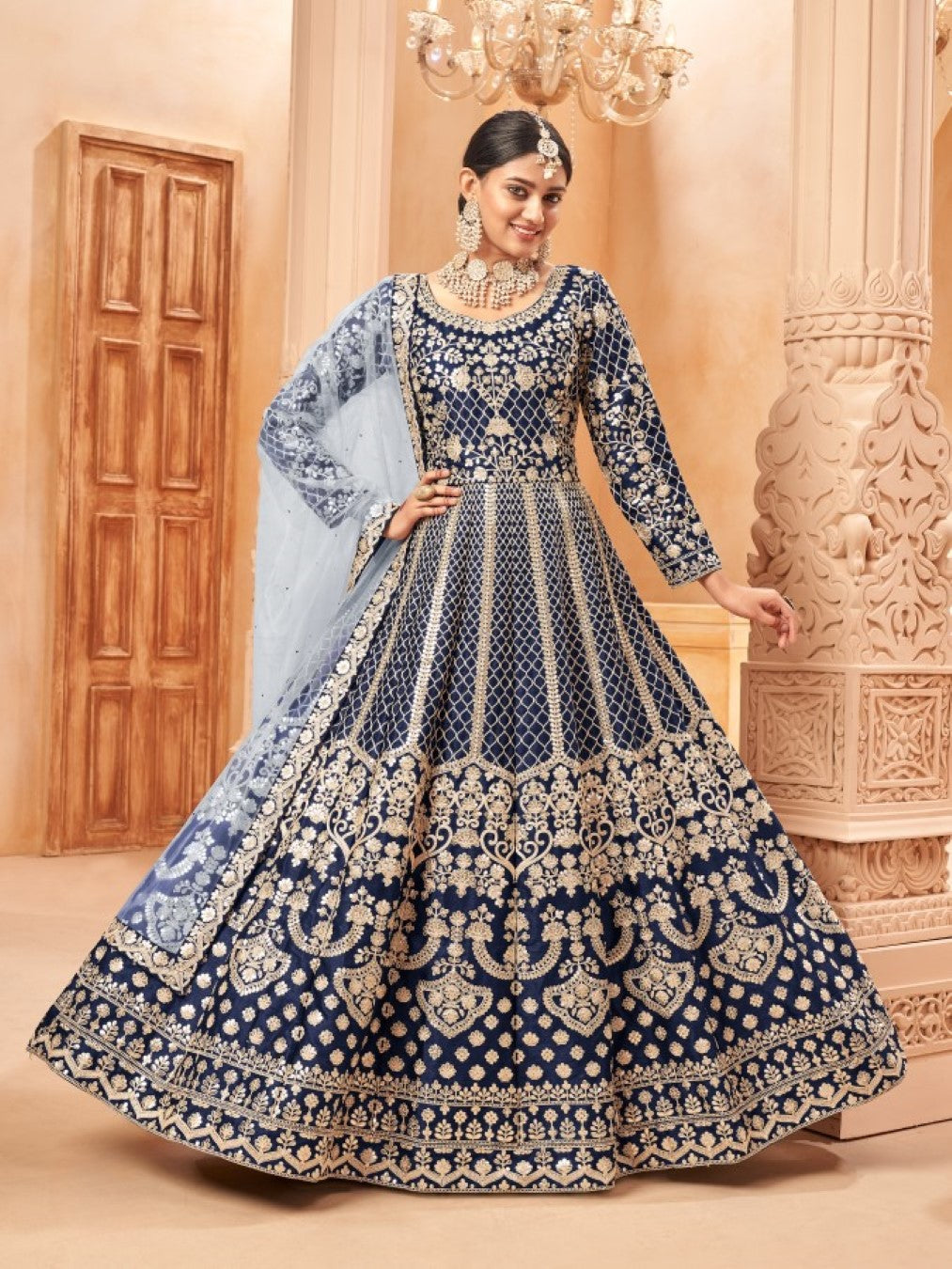 Anaita Navy Blue Embroidered Art Silk Anarkali Suit | Grocsy