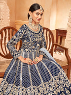 Anaita Navy Blue Embroidered Art Silk Anarkali Suit | Grocsy