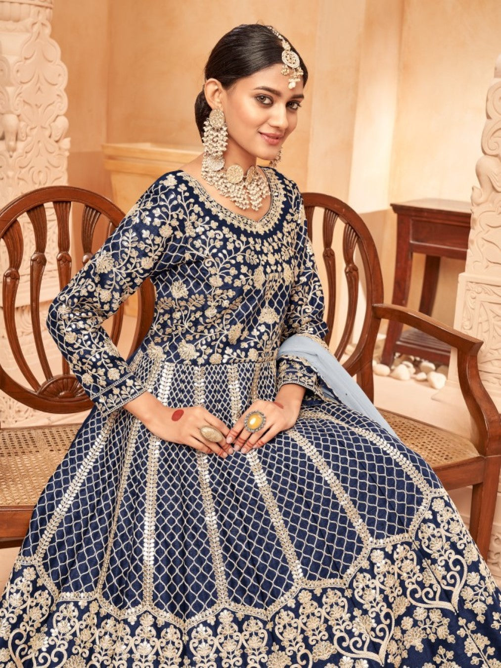 Anaita Navy Blue Embroidered Art Silk Anarkali Suit | Grocsy
