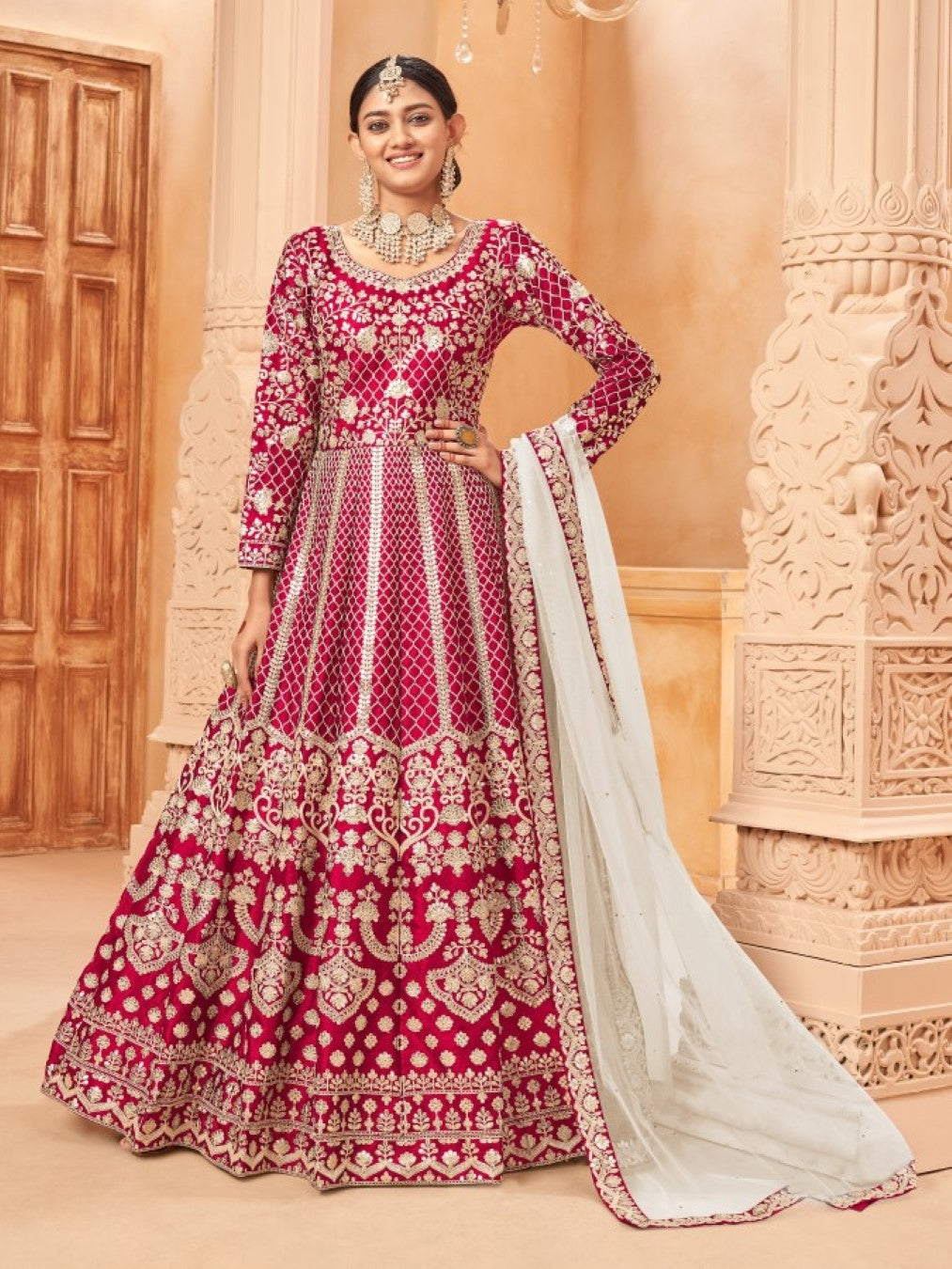 Anaita Red Embroidered Art Silk Anarkali Suit | Grocsy