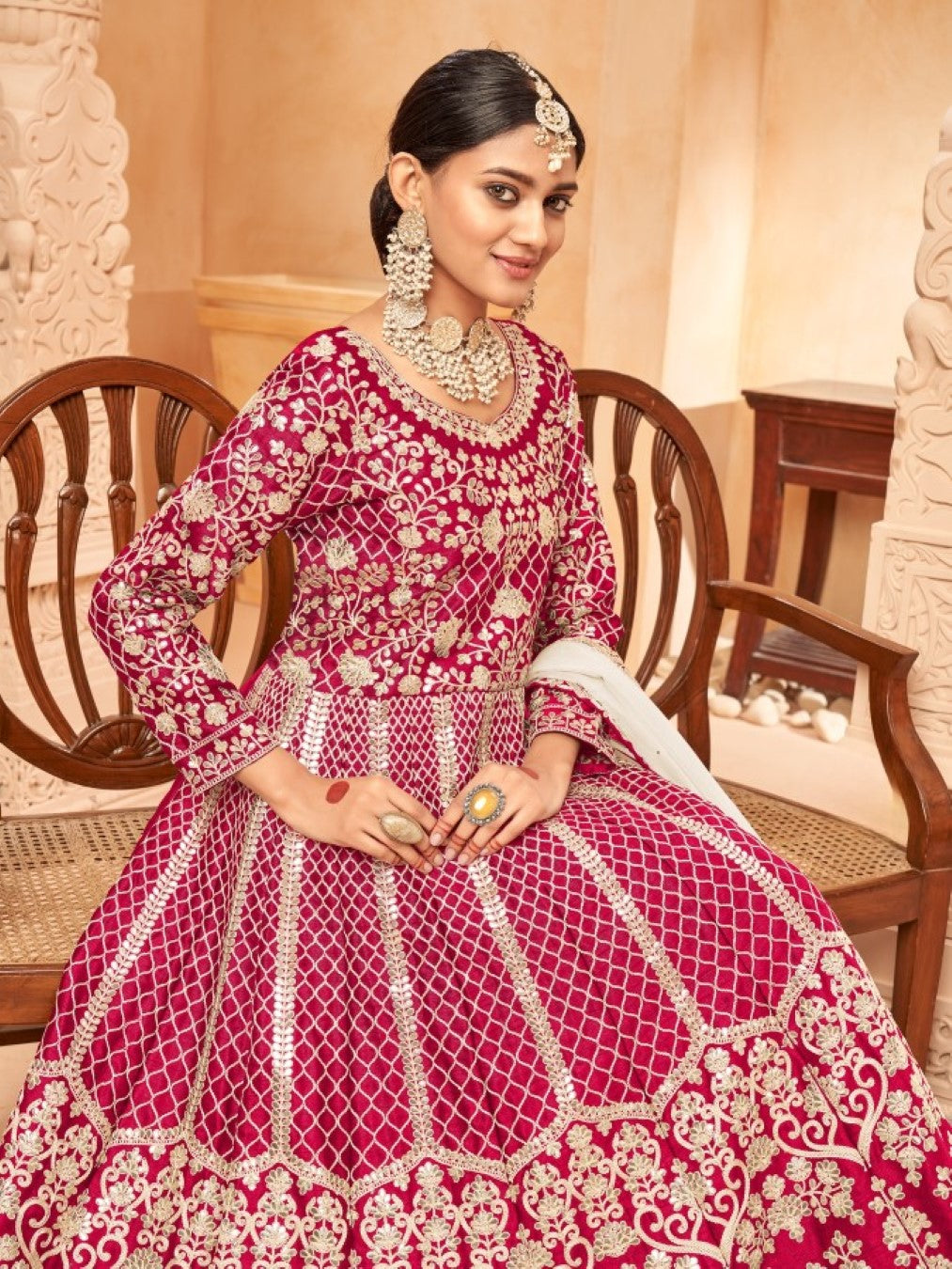 Anaita Red Embroidered Art Silk Anarkali Suit | Grocsy