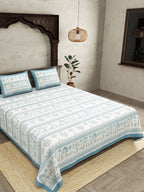 JAIPUR FABRIC Blue Ethnic Motifs Cotton 250 TC Super King Bedsheet With 2 Pillow Covers | Grocsy