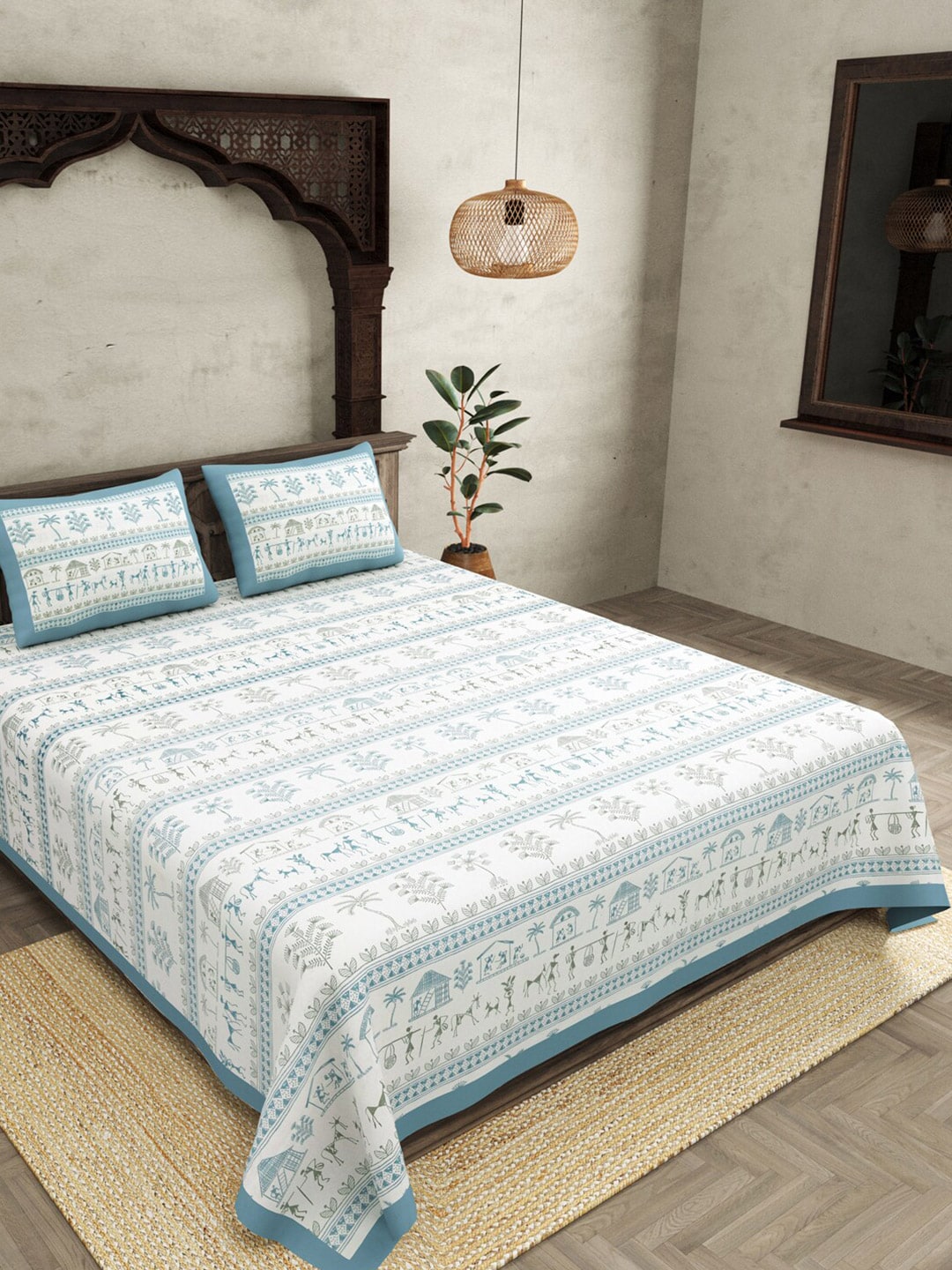 JAIPUR FABRIC Blue Ethnic Motifs Cotton 250 TC Super King Bedsheet With 2 Pillow Covers | Grocsy