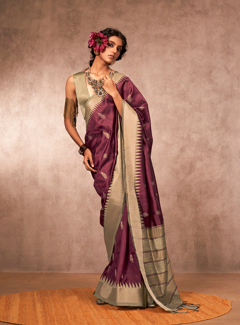Monjolika Fashion Weaving Bhagalpuri Silk Blend Wine Contemporary Saree | Grocsy