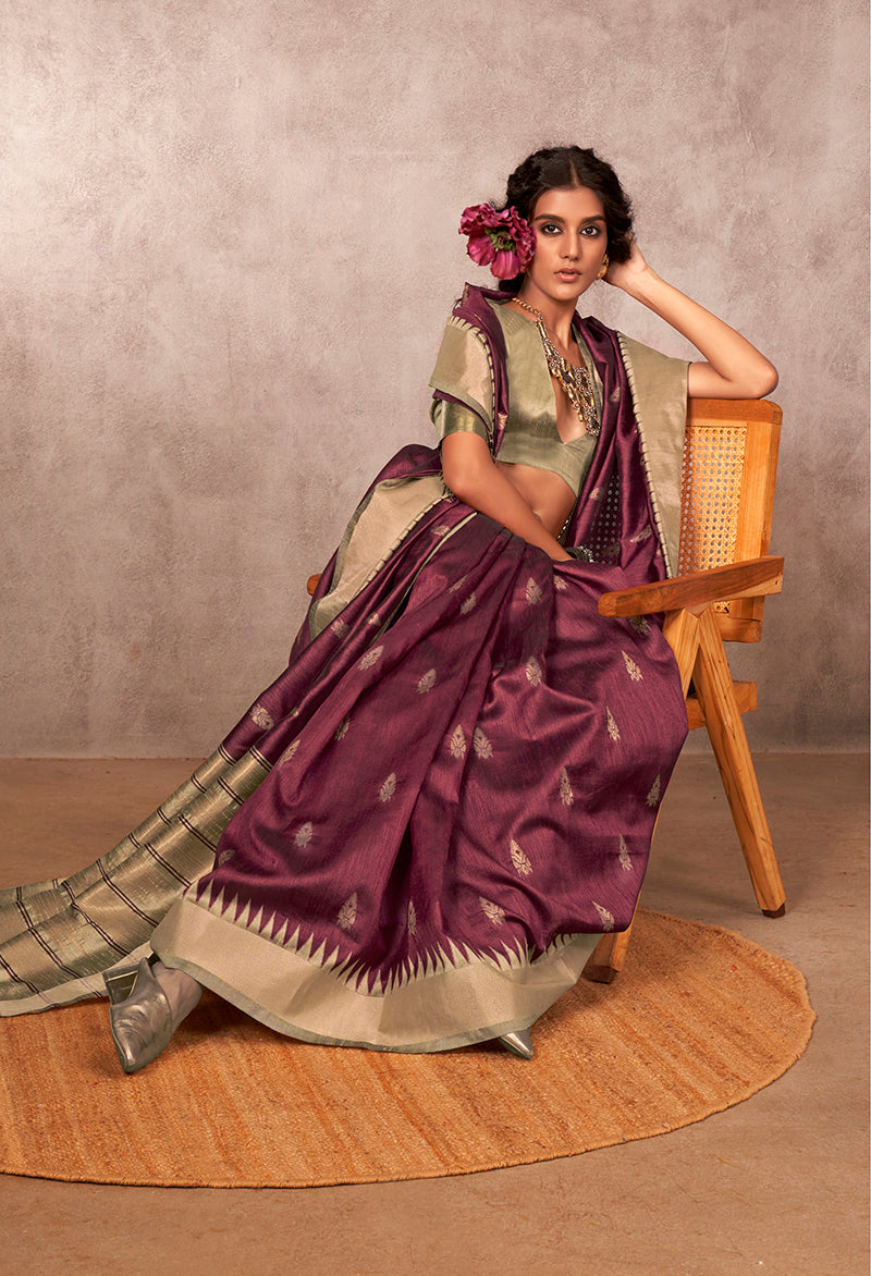 Monjolika Fashion Weaving Bhagalpuri Silk Blend Wine Contemporary Saree | Grocsy
