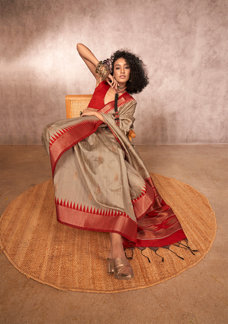 Monjolika Fashion Weaving Bhagalpuri Silk Blend Light Grey Contemporary Saree | Grocsy