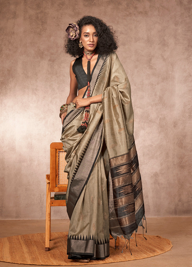 Monjolika Fashion Weaving Bhagalpuri Silk Blend Light Grey Contemporary Saree | Grocsy