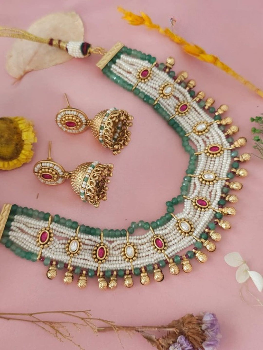 Jewel City Traditional Handcrafted Multi-Color Choker Necklace Set | Grocsy