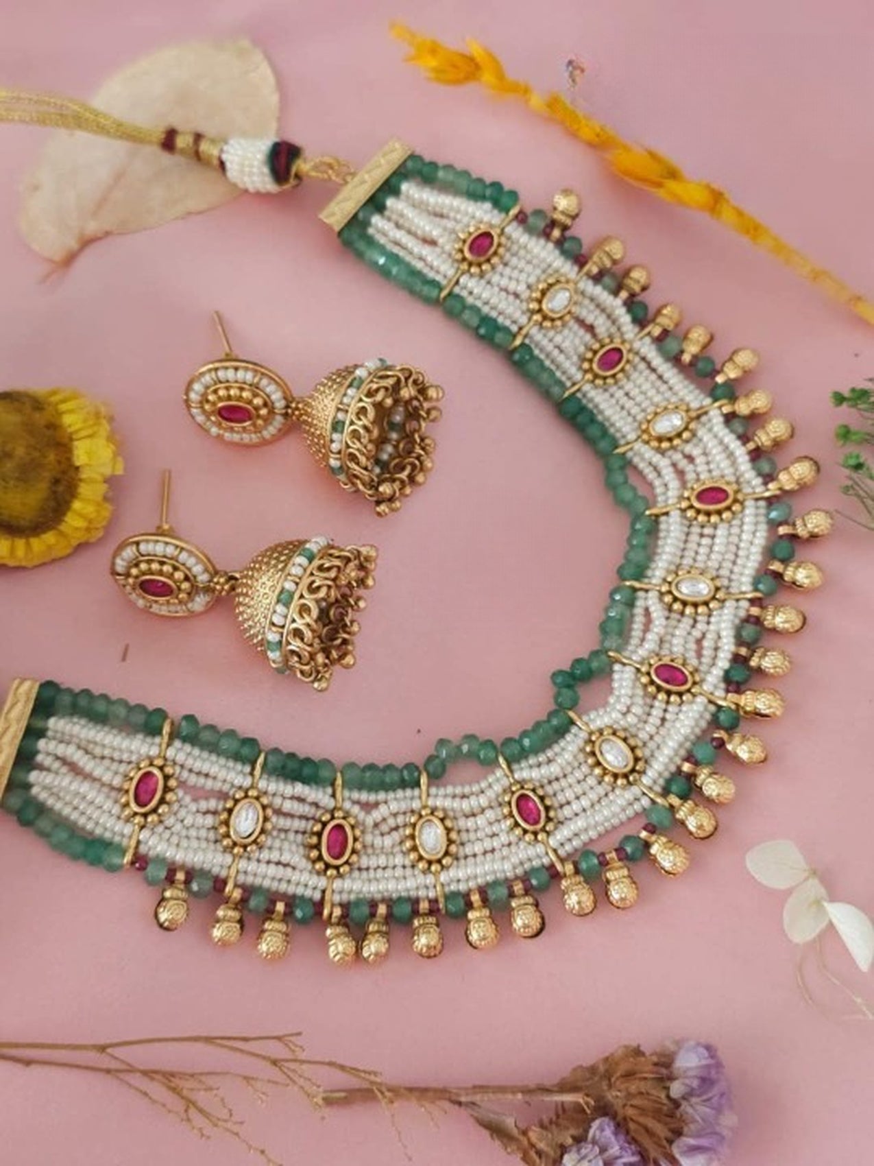 Jewel City Traditional Handcrafted Multi-Color Choker Necklace Set | Grocsy