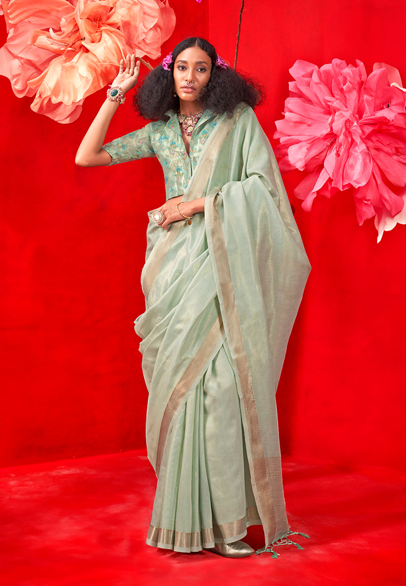 Monjolika Fashion Sea Green Tissue Weaving Zari Ceremonial Contemporary Saree | Grocsy