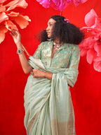 Monjolika Fashion Sea Green Tissue Weaving Zari Ceremonial Contemporary Saree | Grocsy