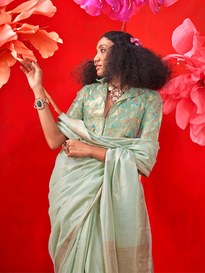 Monjolika Fashion Sea Green Tissue Weaving Zari Ceremonial Contemporary Saree | Grocsy