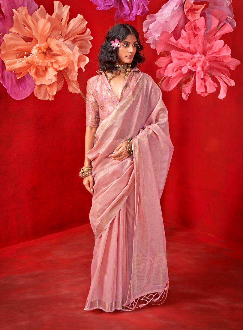 Monjolika Fashion Light Pink Tissue Weaving Zari Ceremonial Contemporary Saree | Grocsy