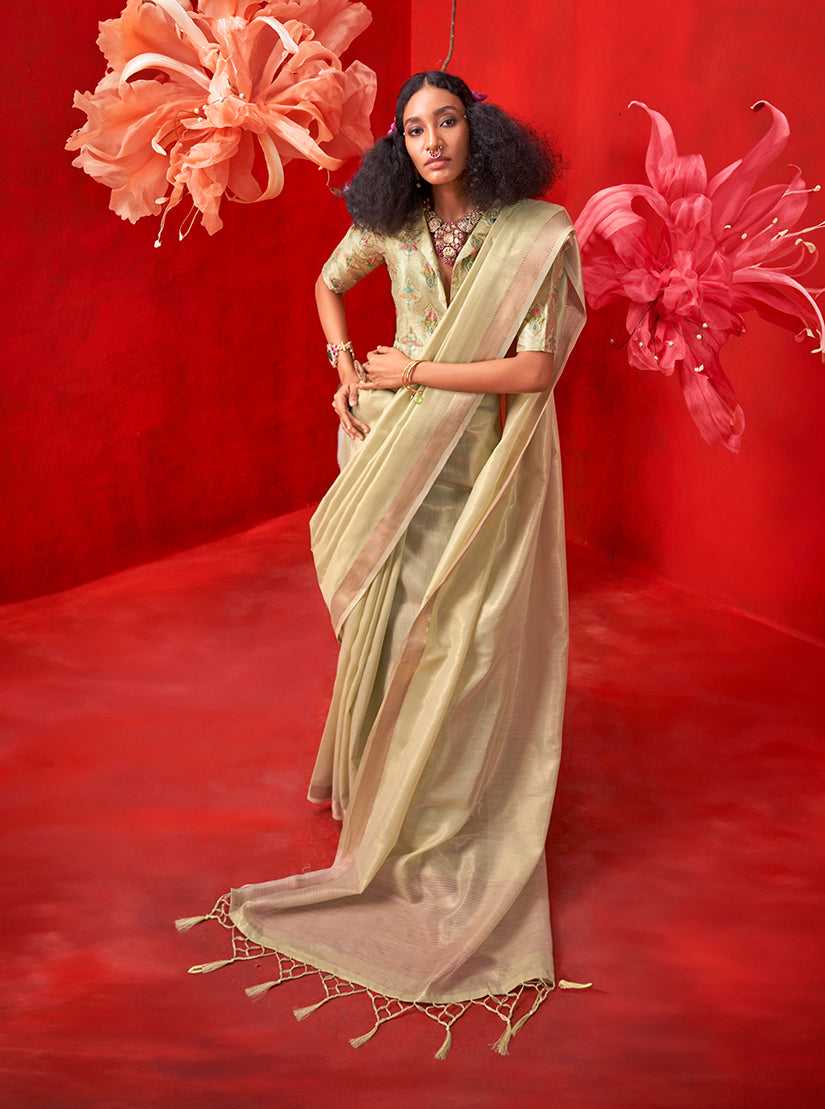 Monjolika Fashion Light Green Tissue Weaving Zari Ceremonial Contemporary Saree | Grocsy